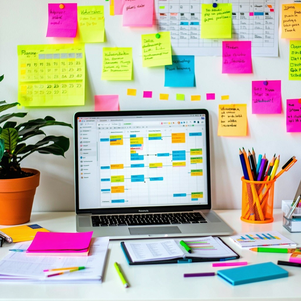 A desk with a computer and color coded systems of sticky notes
